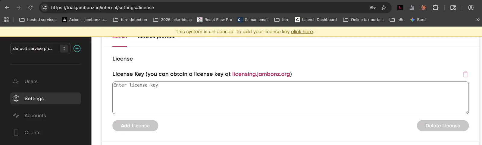 Settings page Settings page with licensing portal link