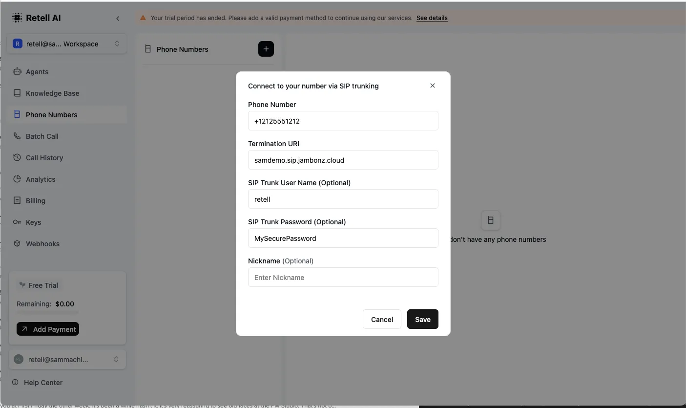 Configure phone number in retell