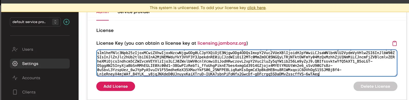 Add license key to settings Installing license key in settings