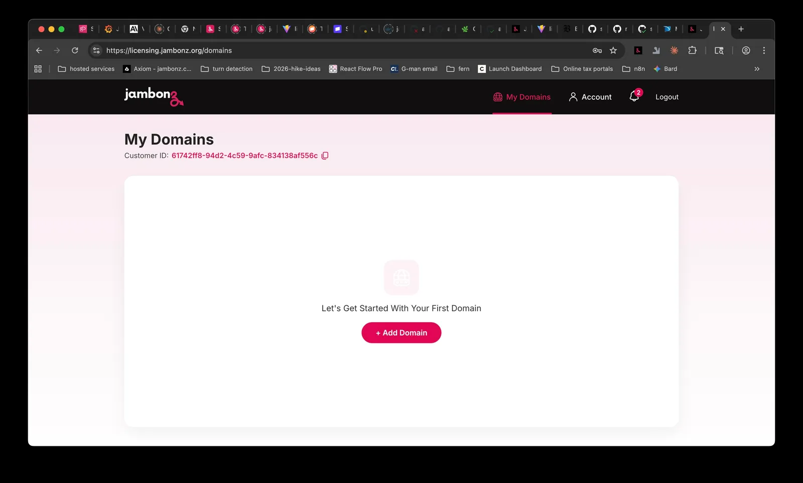 Empty domains list Licensing portal with no domains